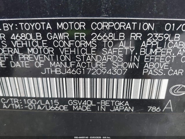 44485140 :رقم المزاد ، JTHBJ46G172094307 vin ، 2007 Lexus Es 350 مزاد بيع