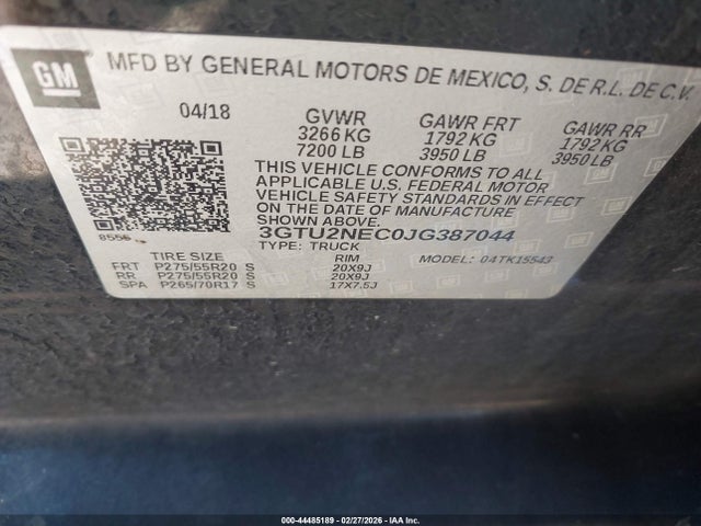 44485189 :رقم المزاد ، 3GTU2NEC0JG387044 vin ، 2018 Gmc Sierra 1500 Slt مزاد بيع