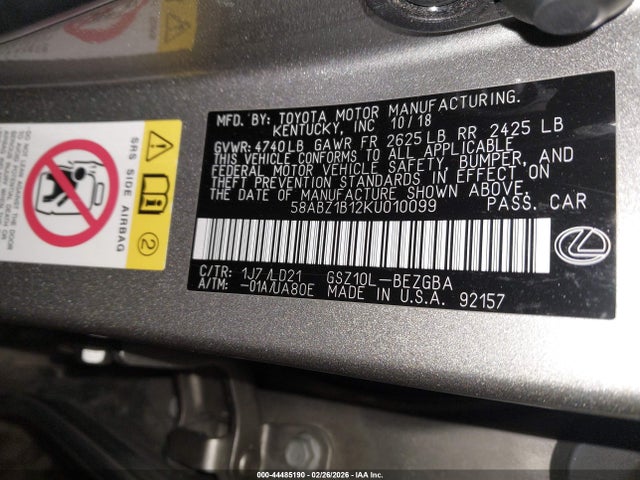 Продаж на аукціоні авто 2019 Lexus Es 350, vin: 58ABZ1B12KU010099, номер лоту: 44485190