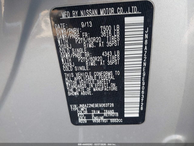 44485262 :رقم المزاد ، JN8AZ2NE9E9063728 vin ، 2014 Infiniti Qx80 مزاد بيع