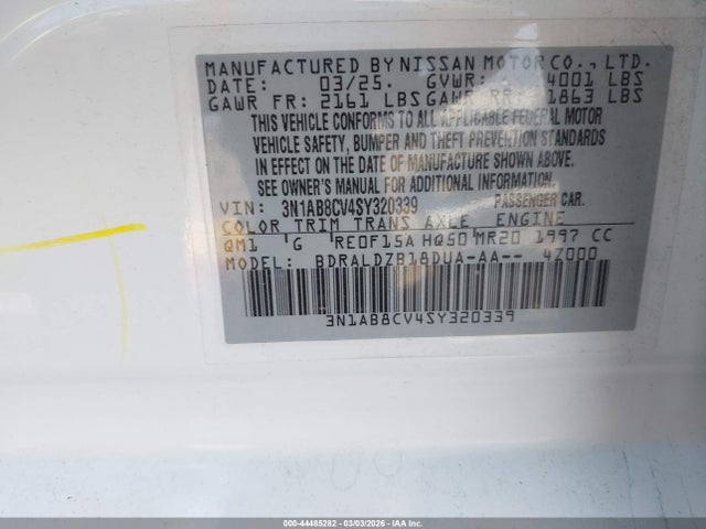 2025 Nissan Sentra Sv მანქანა იყიდება აუქციონზე, vin: 3N1AB8CV4SY320339, აუქციონის ნომერი: 44485282