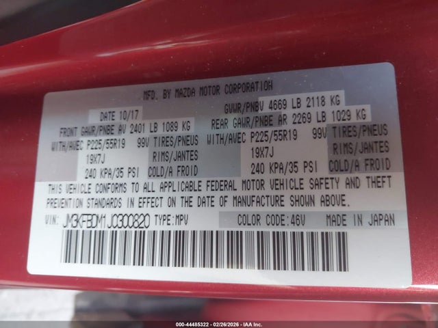 44485322 :رقم المزاد ، JM3KFBDM1J0300820 vin ، 2018 Mazda Cx-5 Grand Touring مزاد بيع
