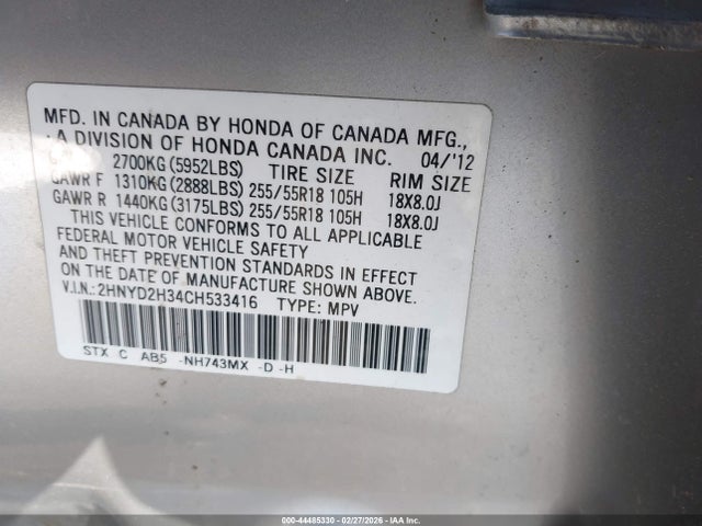44485330 :رقم المزاد ، 2HNYD2H34CH533416 vin ، 2012 Acura Mdx Technology Package مزاد بيع