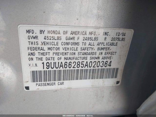 Продаж на аукціоні авто 2005 Acura Tl, vin: 19UUA66285A020364, номер лоту: 44485342
