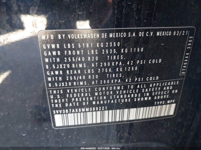 44485352 :رقم المزاد ، 3VV3B7AX8MM089221 vin ، 2021 Volkswagen Tiguan 2.0t Se/2.0t Se R-line Black/2.0t Sel مزاد بيع