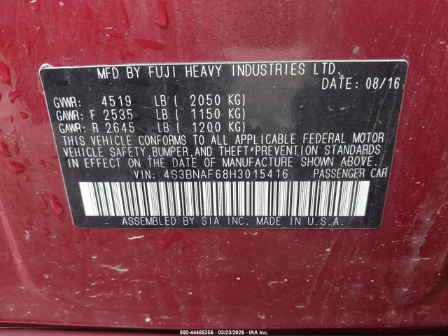 44485356 :رقم المزاد ، 4S3BNAF68H3015416 vin ، 2017 Subaru Legacy 2.5i Premium مزاد بيع