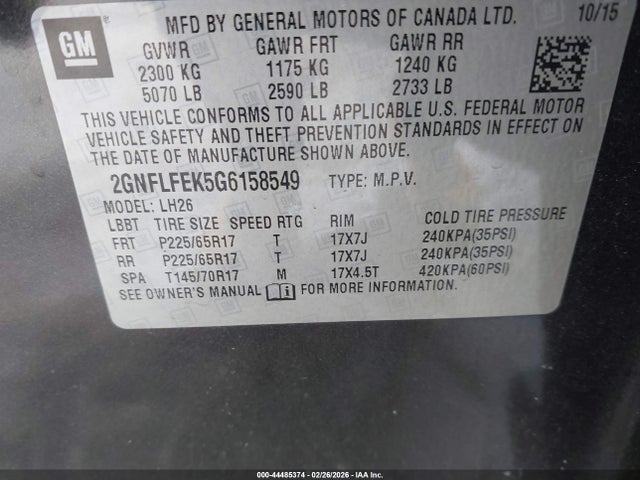Продаж на аукціоні авто 2016 Chevrolet Equinox Lt, vin: 2GNFLFEK5G6158549, номер лоту: 44485374