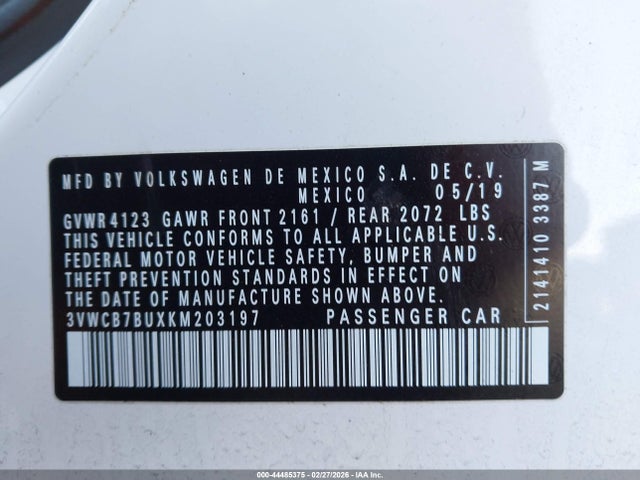 2019 Volkswagen Jetta მანქანა იყიდება აუქციონზე, vin: 3VWCB7BUXKM203197, აუქციონის ნომერი: 44485375