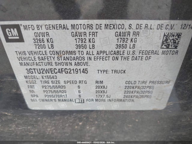 44485421 :رقم المزاد ، 3GTU2WEC4FG219145 vin ، 2015 Gmc Sierra 1500 Denali مزاد بيع