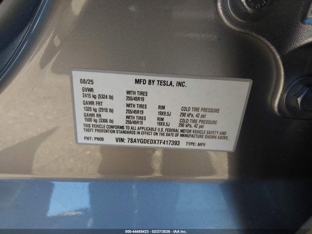 Aukcja sprzedaży 2026 Tesla Model Y Premium Rear-wheel Drive/standard Rear-wheel Drive, vin: 7SAYGDEDXTF417393, numer aukcji: 44485423