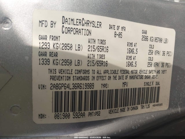 Продажа на аукционе авто 2006 Chrysler Town & Country Limited, vin: 2A8GP64L36R619989, номер лота: 44485443