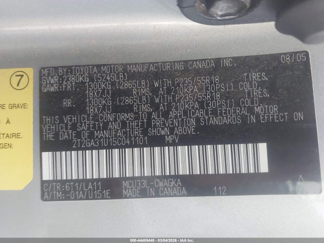 44485448 :رقم المزاد ، 2T2GA31U15C041101 vin ، 2005 Lexus Rx 330 مزاد بيع