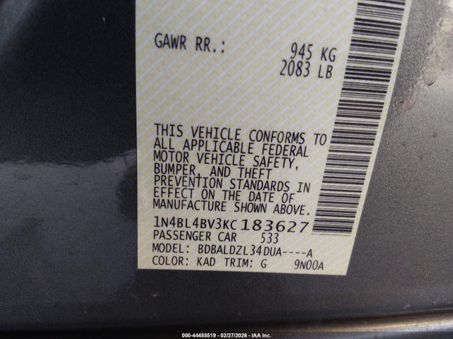 2019 Nissan Altima 2.5 S მანქანა იყიდება აუქციონზე, vin: 1N4BL4BV3KC183627, აუქციონის ნომერი: 44485519