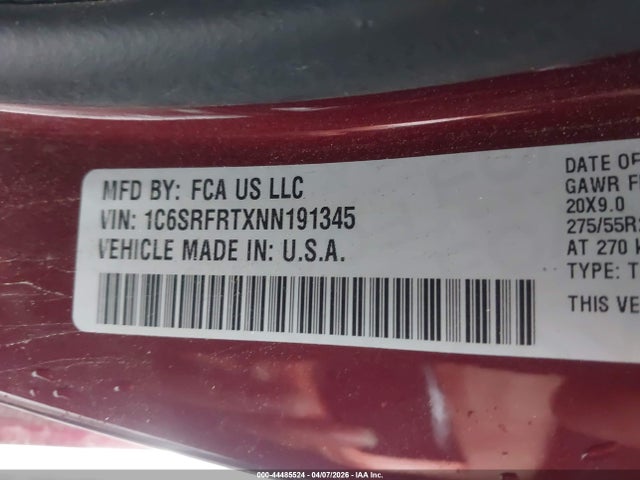 44485524 :رقم المزاد ، 1C6SRFRTXNN191345 vin ، 2022 Ram 1500 Laramie  4x4 6'4 Box مزاد بيع