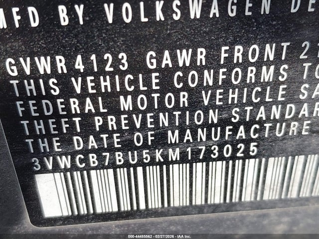 Aukcja sprzedaży 2019 Volkswagen Jetta 1.4t R-line/1.4t S/1.4t Se, vin: 3VWCB7BU5KM173025, numer aukcji: 44485562