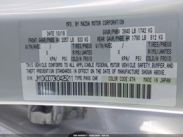 2019 Mazda Cx-3 Grand Touring მანქანა იყიდება აუქციონზე, vin: JM1DKDD73K0425211, აუქციონის ნომერი: 44485571