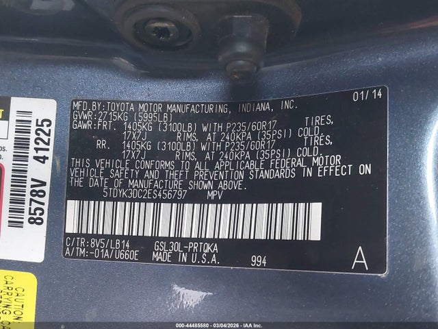 5TDYK3DC2ES456797 Toyota Sienna Xle V6 8 Passenger