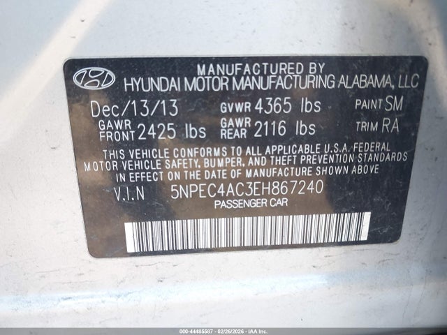 Aukcja sprzedaży 2014 Hyundai Sonata Limited, vin: 5NPEC4AC3EH867240, numer aukcji: 44485587