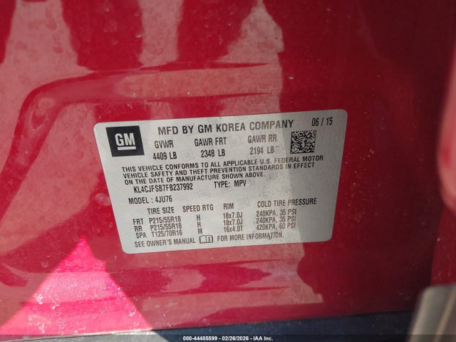 Aukcja sprzedaży 2015 Buick Encore Convenience, vin: KL4CJFSB7FB237992, numer aukcji: 44485599