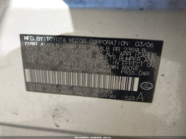 Продажа на аукционе авто 2007 Lexus Es 350, vin: JTHBJ46G472004664, номер лота: 44485619