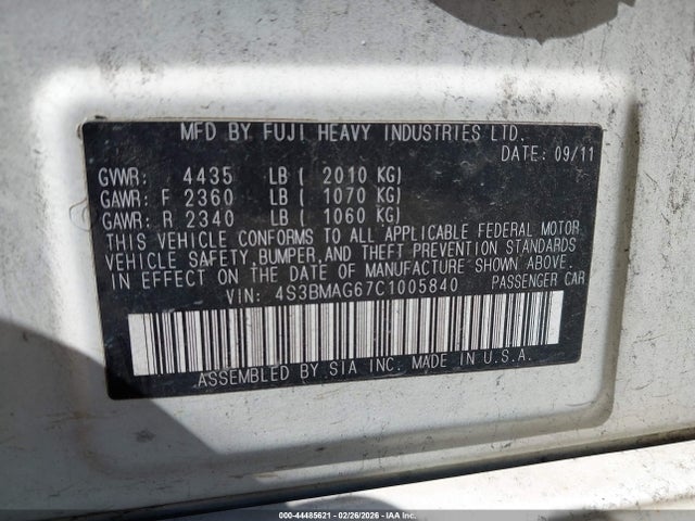 44485621 :رقم المزاد ، 4S3BMAG67C1005840 vin ، 2012 Subaru Legacy 2.5i Premium مزاد بيع