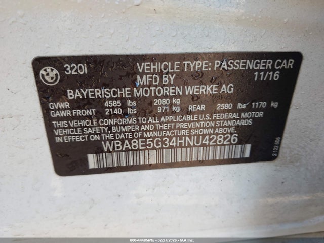 44485635 :رقم المزاد ، WBA8E5G34HNU42826 vin ، 2017 Bmw 320i Xdrive مزاد بيع