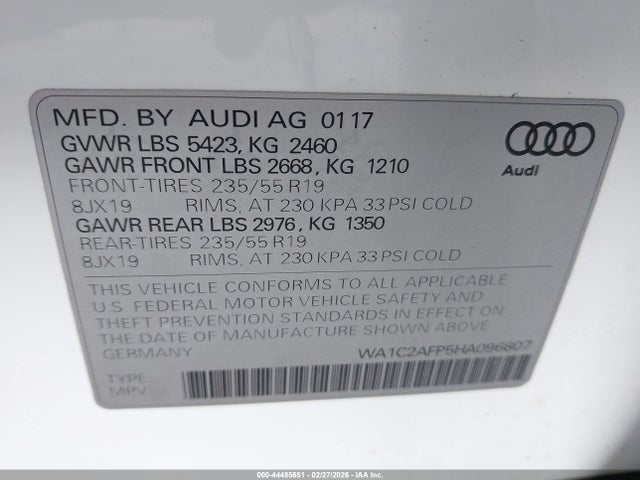 2017 Audi Q5 2.0t Premium მანქანა იყიდება აუქციონზე, vin: WA1C2AFP5HA096807, აუქციონის ნომერი: 44485651