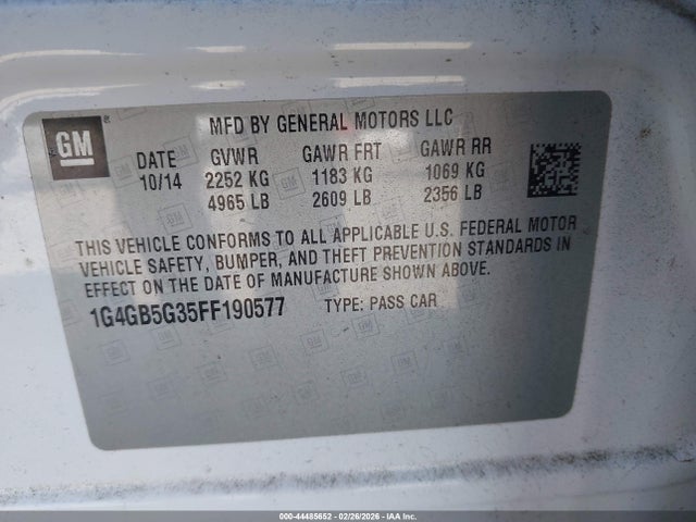 Aukcja sprzedaży 2015 Buick Lacrosse Leather, vin: 1G4GB5G35FF190577, numer aukcji: 44485652