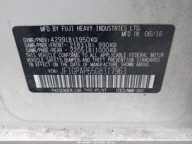 Продажа на аукционе авто 2016 Subaru Impreza 2.0i Sport Premium, vin: JF1GPAP65G8317963, номер лота: 44485677