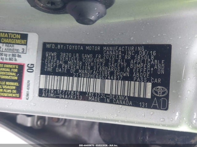 2T1BURHE6GC744817 Toyota COROLLA LE