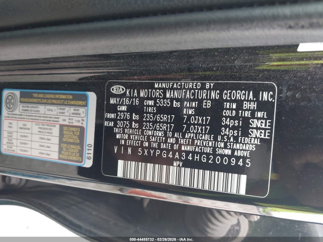 5XYPG4A34HG200945 KIA Sorento 2.4l Lx