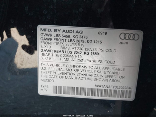 2020 Audi Q5 Premium 45 Tfsi Quattro S Tronic მანქანა იყიდება აუქციონზე, vin: WA1ANAFY0L2022348, აუქციონის ნომერი: 44485735