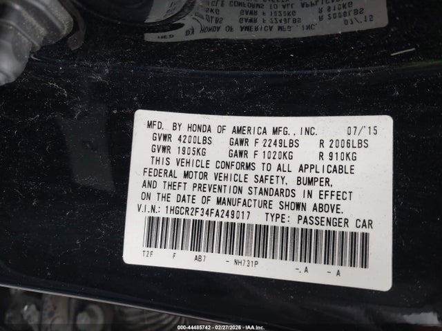 Aukcja sprzedaży 2015 Honda Accord Lx, vin: 1HGCR2F34FA249017, numer aukcji: 44485742