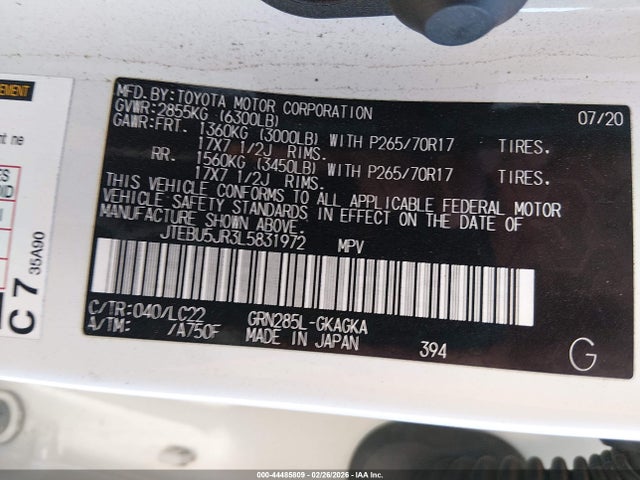 Aukcja sprzedaży 2020 Toyota 4runner Trd Off Road Premium, vin: JTEBU5JR3L5831972, numer aukcji: 44485809