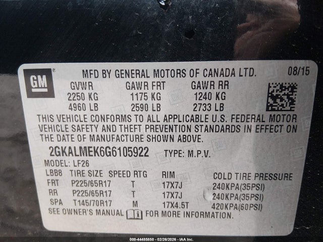 Aukcja sprzedaży 2016 Gmc Terrain Sle-1, vin: 2GKALMEK6G6105922, numer aukcji: 44485850