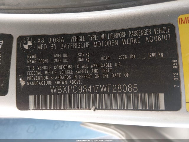2007 Bmw X3 3.0si მანქანა იყიდება აუქციონზე, vin: WBXPC93417WF28085, აუქციონის ნომერი: 44485852