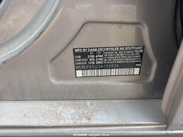 44485856 :رقم المزاد ، WDBUF65J23A155926 vin ، 2003 Mercedes-benz E 320 مزاد بيع