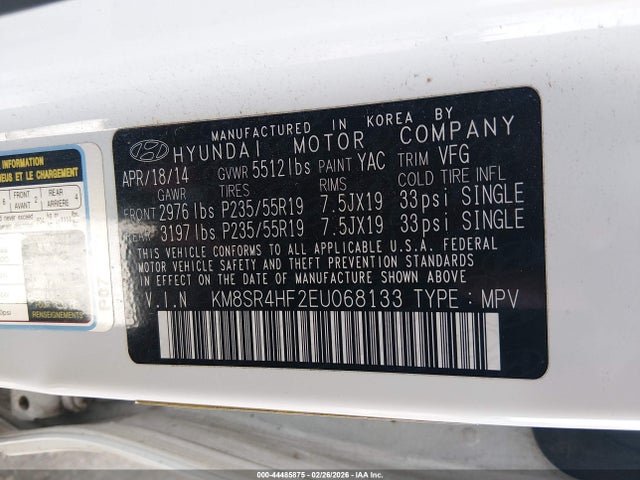 Hyundai Santa Fe Limited 2014 KM8SR4HF2EU068133 Image 9