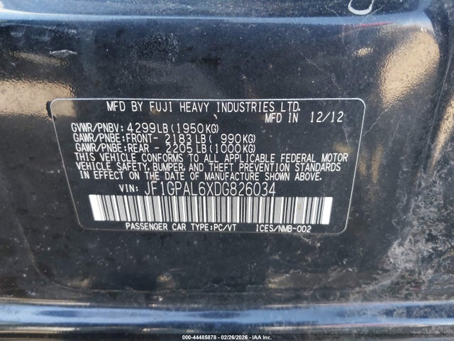 Auction sale of the 2013 Subaru Impreza 2.0i Sport Premium, vin: JF1GPAL6XDG826034, lot number: 44485878