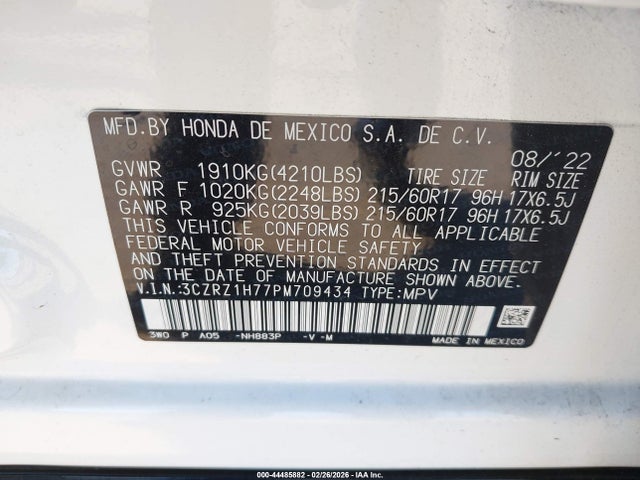 3CZRZ1H77PM709434 Honda Hr-v 2wd Ex-l