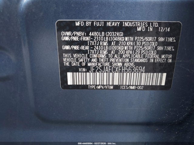 2015 Subaru Forester 2.5i Premium მანქანა იყიდება აუქციონზე, vin: JF2SJAFCXFH563694, აუქციონის ნომერი: 44485894