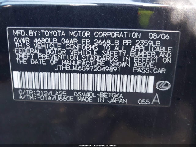 2007 Lexus Es 350 მანქანა იყიდება აუქციონზე, vin: JTHBJ46G972049891, აუქციონის ნომერი: 44485903