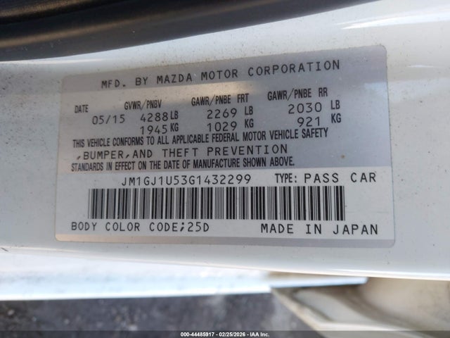 Aukcja sprzedaży 2016 Mazda Mazda6 I Sport, vin: JM1GJ1U53G1432299, numer aukcji: 44485917