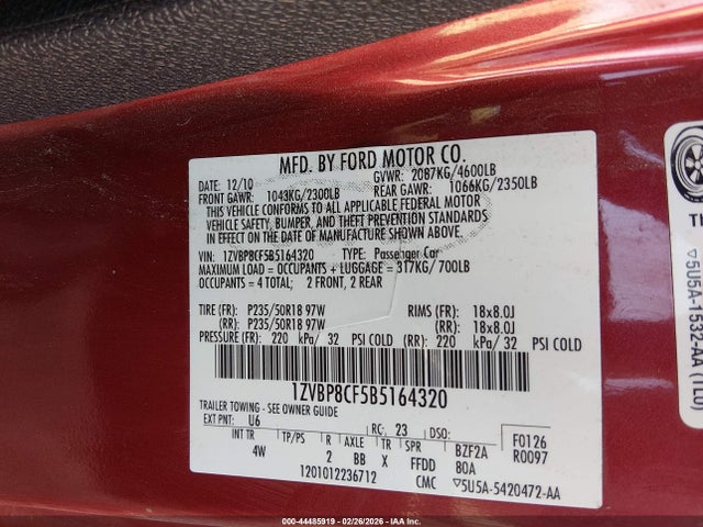 2011 FORD MUSTANG 1ZVBP8CF5B5164320 Photo 8