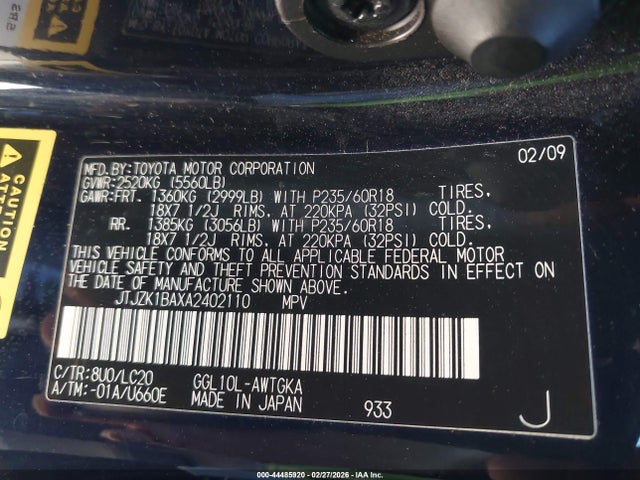 Продажа на аукционе авто 2010 Lexus Rx 350, vin: JTJZK1BAXA2402110, номер лота: 44485920
