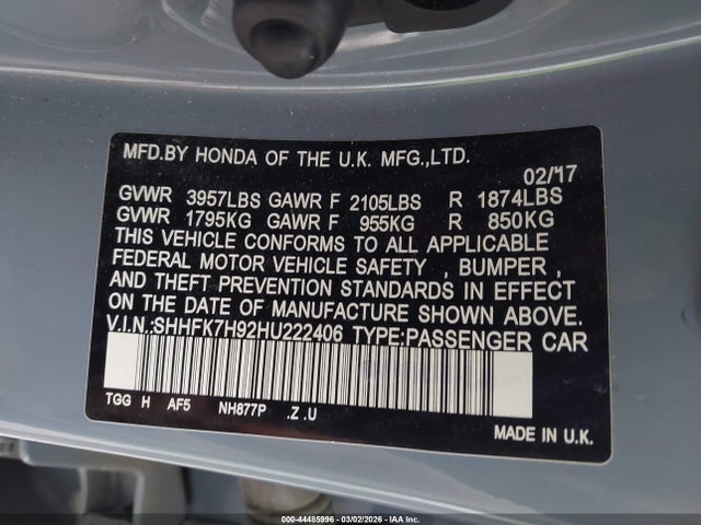 SHHFK7H92HU222406 Honda Civic Sport Touring