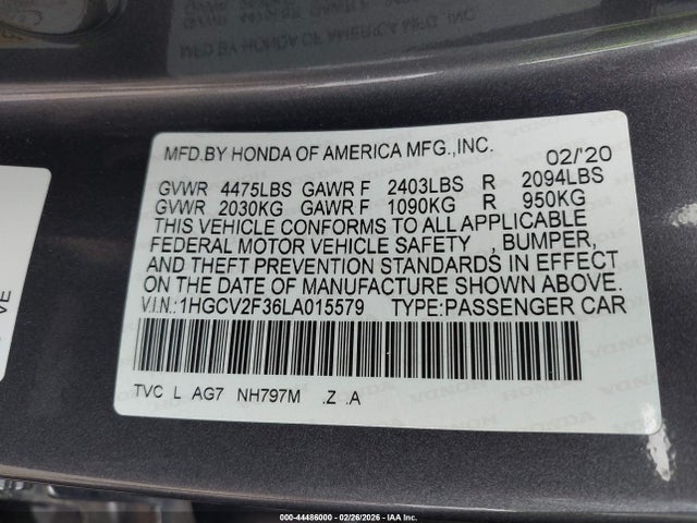 44486000 :رقم المزاد ، 1HGCV2F36LA015579 vin ، 2020 Honda Accord Sport 2.0t مزاد بيع