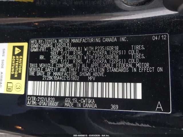 Aukcja sprzedaży 2012 Lexus Rx 350, vin: 2T2BK1BA4CC151802, numer aukcji: 44486015