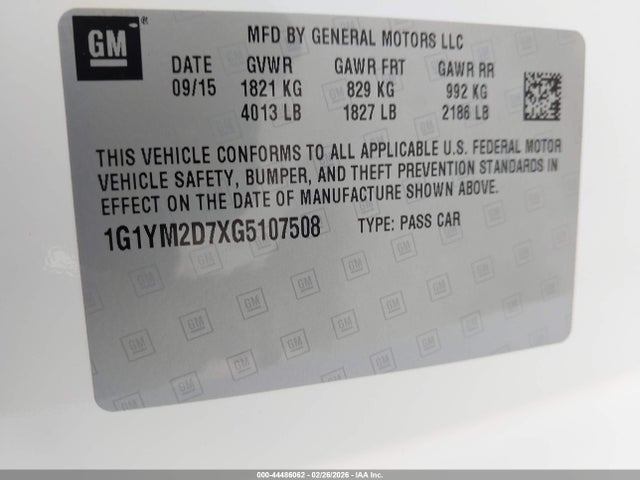 2016 Chevrolet Corvette Stingray Z51 მანქანა იყიდება აუქციონზე, vin: 1G1YM2D7XG5107508, აუქციონის ნომერი: 44486062