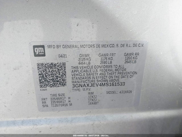 2021 Chevrolet Equinox Fwd 2fl მანქანა იყიდება აუქციონზე, vin: 3GNAXJEV4MS161533, აუქციონის ნომერი: 44486116